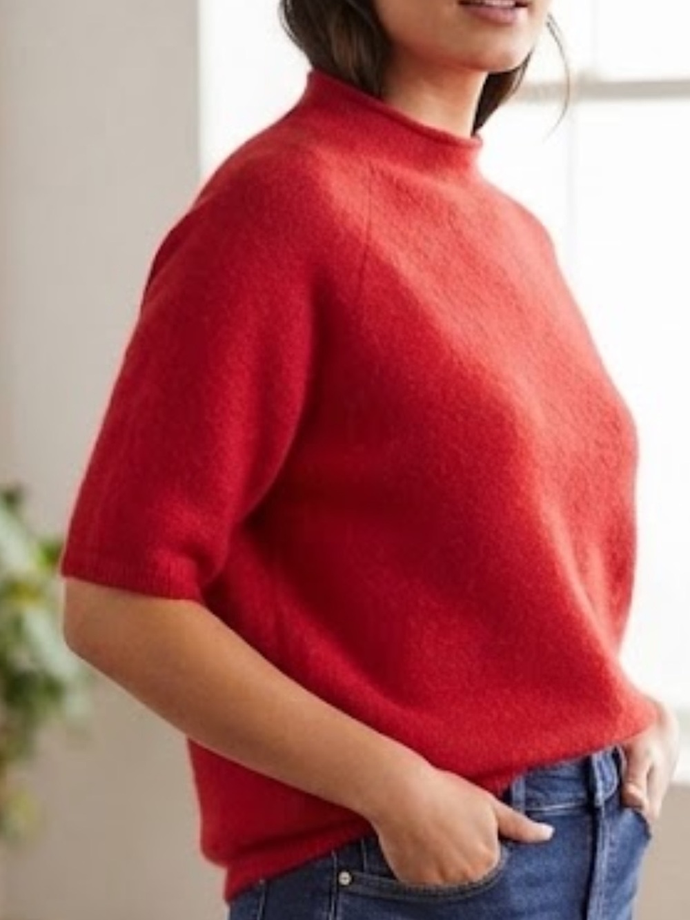 Ann Taylor Cashmere Sweater Red Short Sleeve Mock Neck Classic Luxury